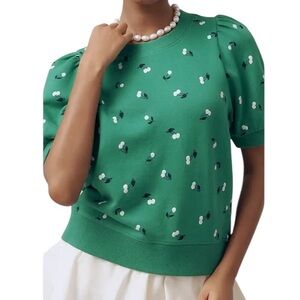 Anthropologie Maeve Kelly Green Cherry Print Puff Sleeve Sweatshirt Tee - M